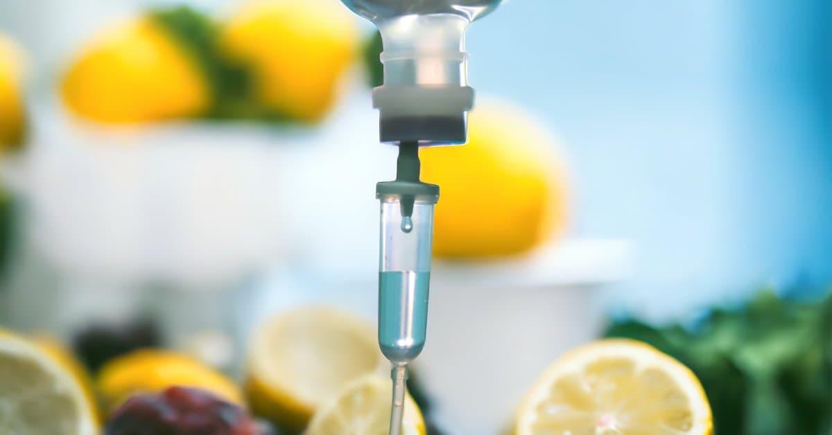 A close-up of an IV drip with fluid in the vial. There are assorted fruits around the drip, such as lemons and oranges.