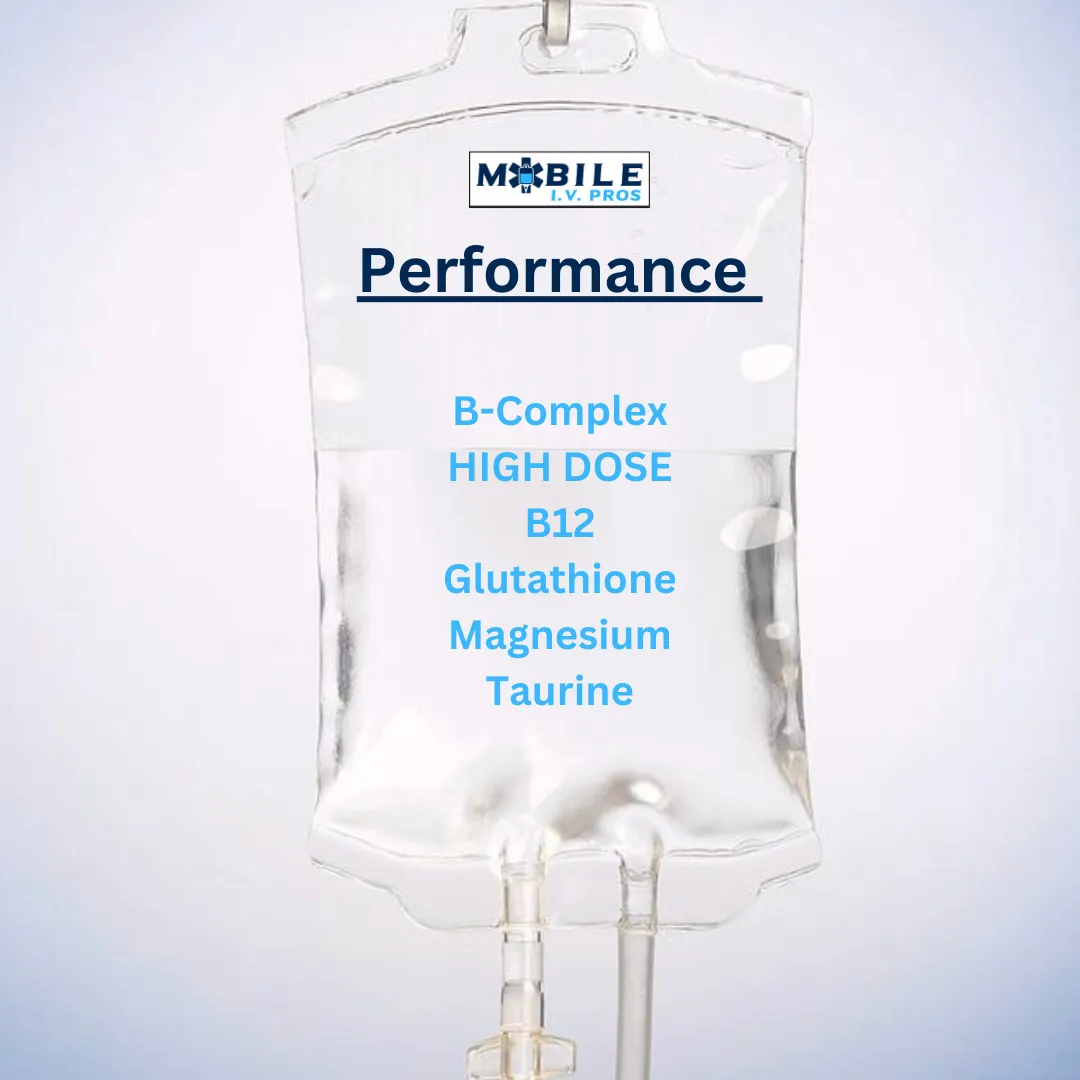 Performance IV drip bag, illustrating the revitalizing benefits of B12 shots and IV therapy for enhanced energy and wellness.